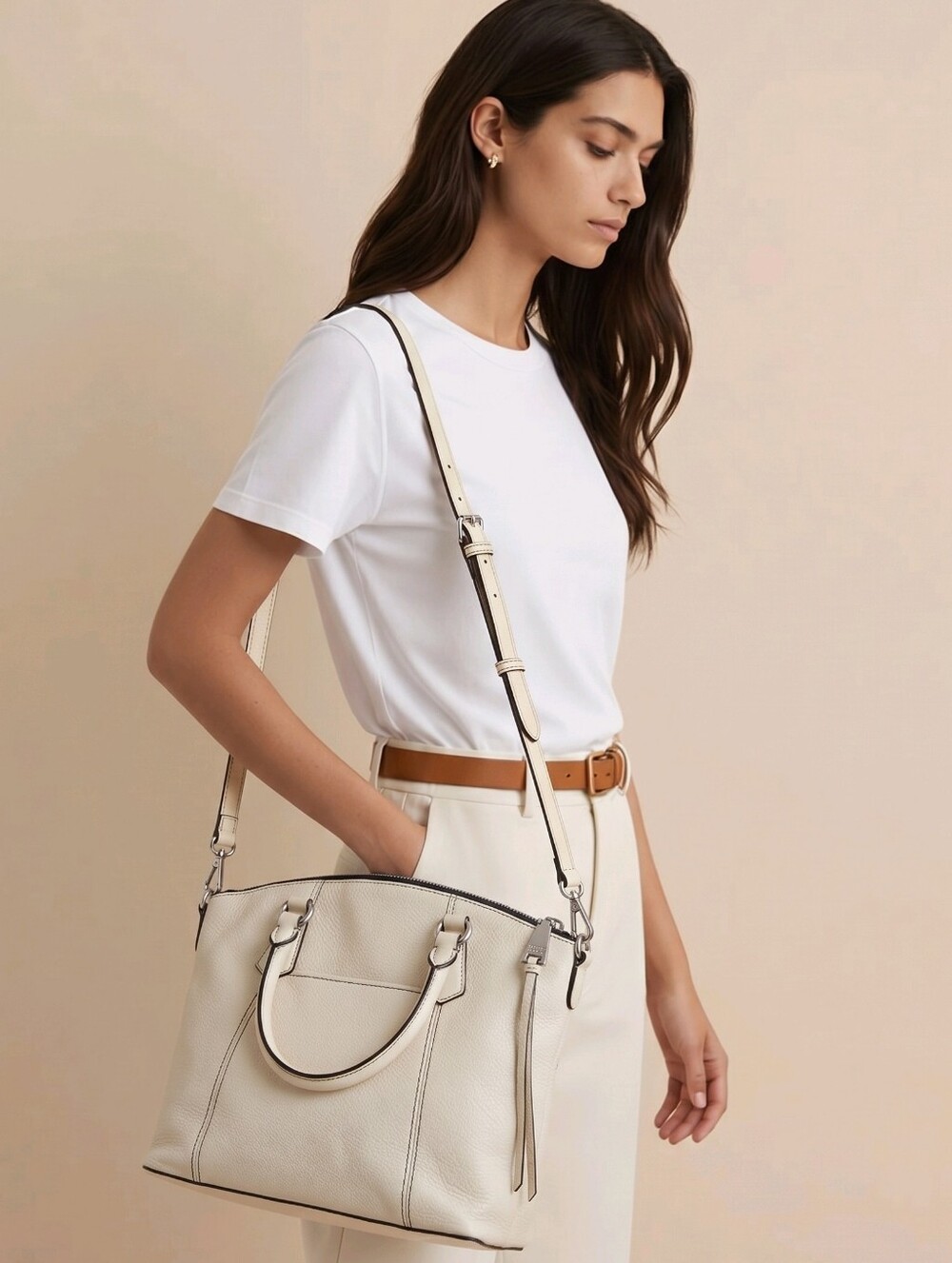 Aimee Kestenberg Cream Leather Satchel with Black Trim